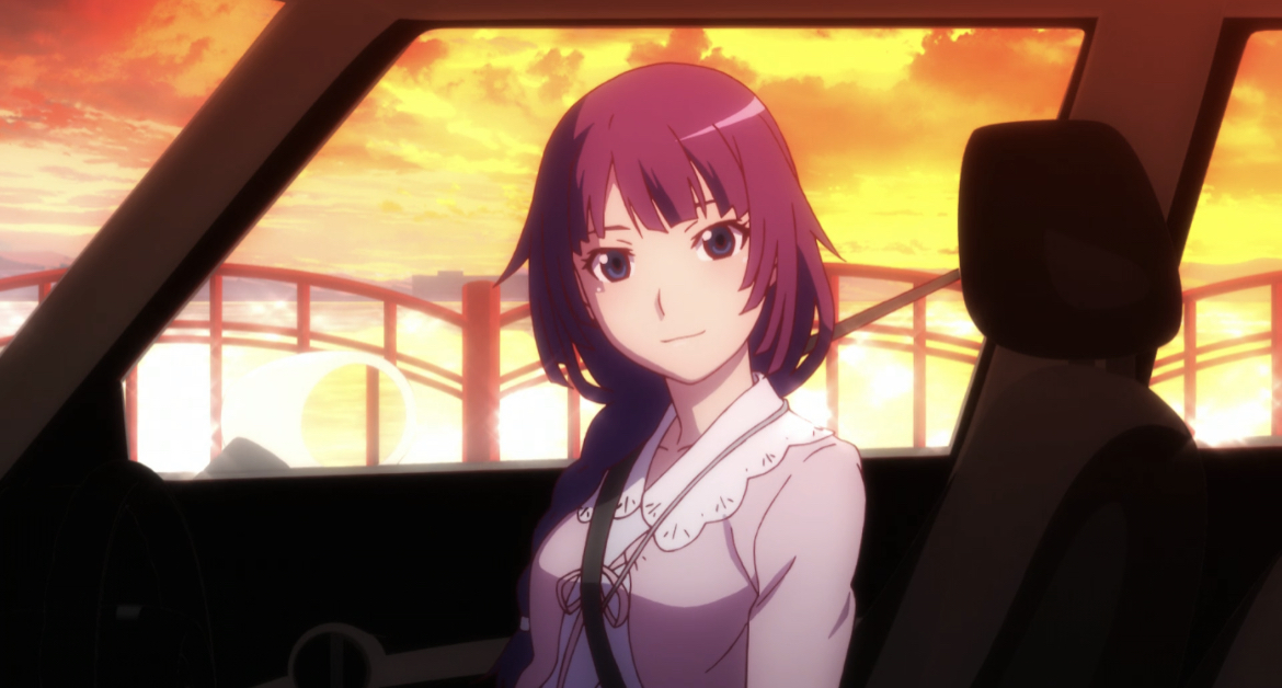 Hitagi Senjougahara sitting inside a car at sunset in Owarimonogatari Second Season.