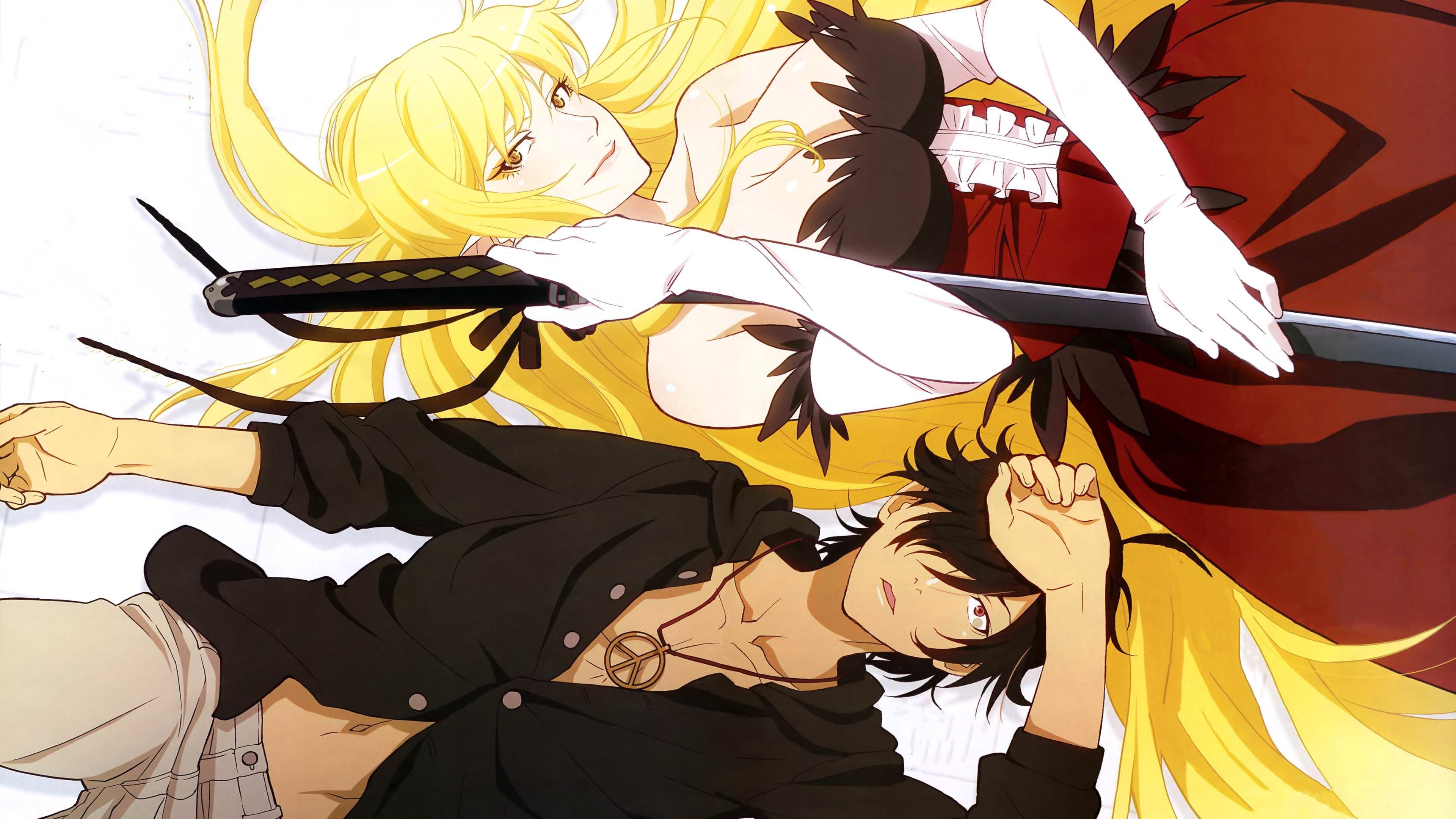 Koyomi Araragi lying beside Kiss-Shot Acerola-Orion Heart-Under-Blade, who holds a sword above him in a promotional illustration from Kizumonogatari.