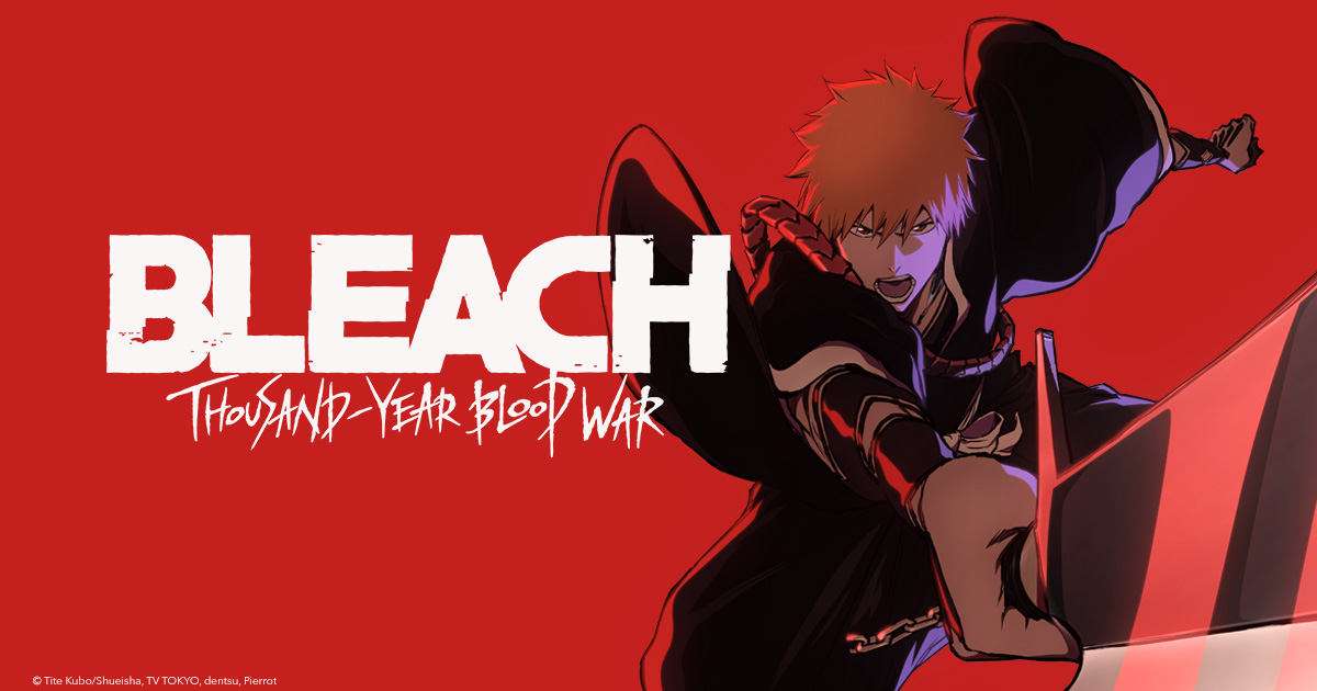 Ichigo Kurosaki and other Bleach characters in an official Thousand-Year Blood War key visual with dramatic red lighting and battle-ready poses