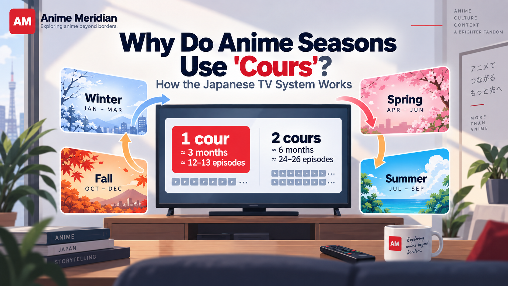 Anime Meridian infographic explaining anime cours, with a TV showing that one cour lasts about three months or 12–13 episodes, surrounded by Winter, Spring, Summer and Fall broadcast seasons.