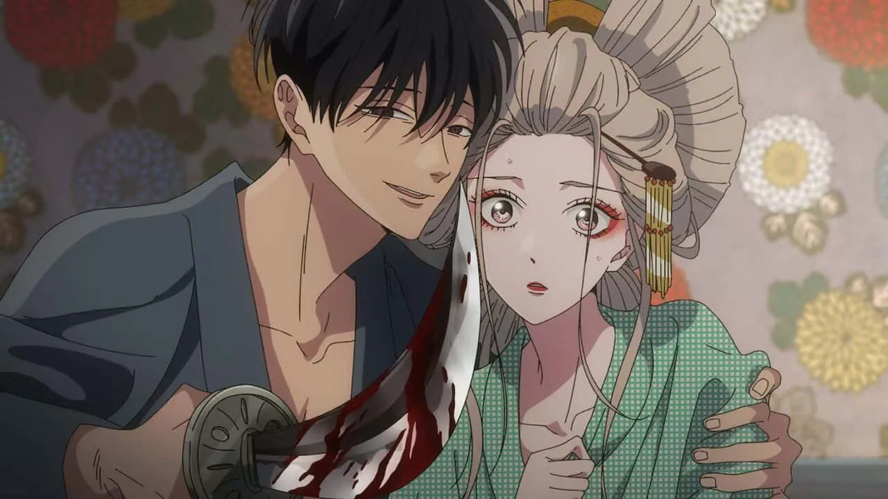 Shinpei Goto holds a blood-stained blade beside a startled Satoko Kirigaya in Firefly Wedding.