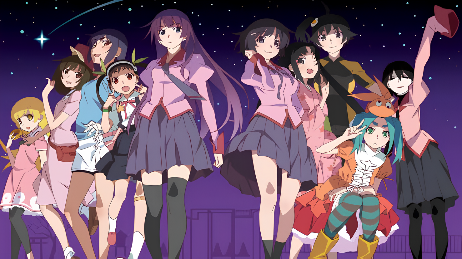 Group illustration of Monogatari Series characters, including Hitagi Senjougahara and other heroines, posing together against a starry purple night sky.
