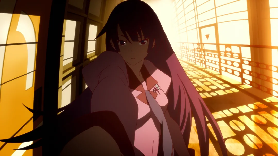 Hitagi Senjougahara from the Monogatari Series standing in a sunlit school corridor, with dramatic orange light and geometric shadows behind her.