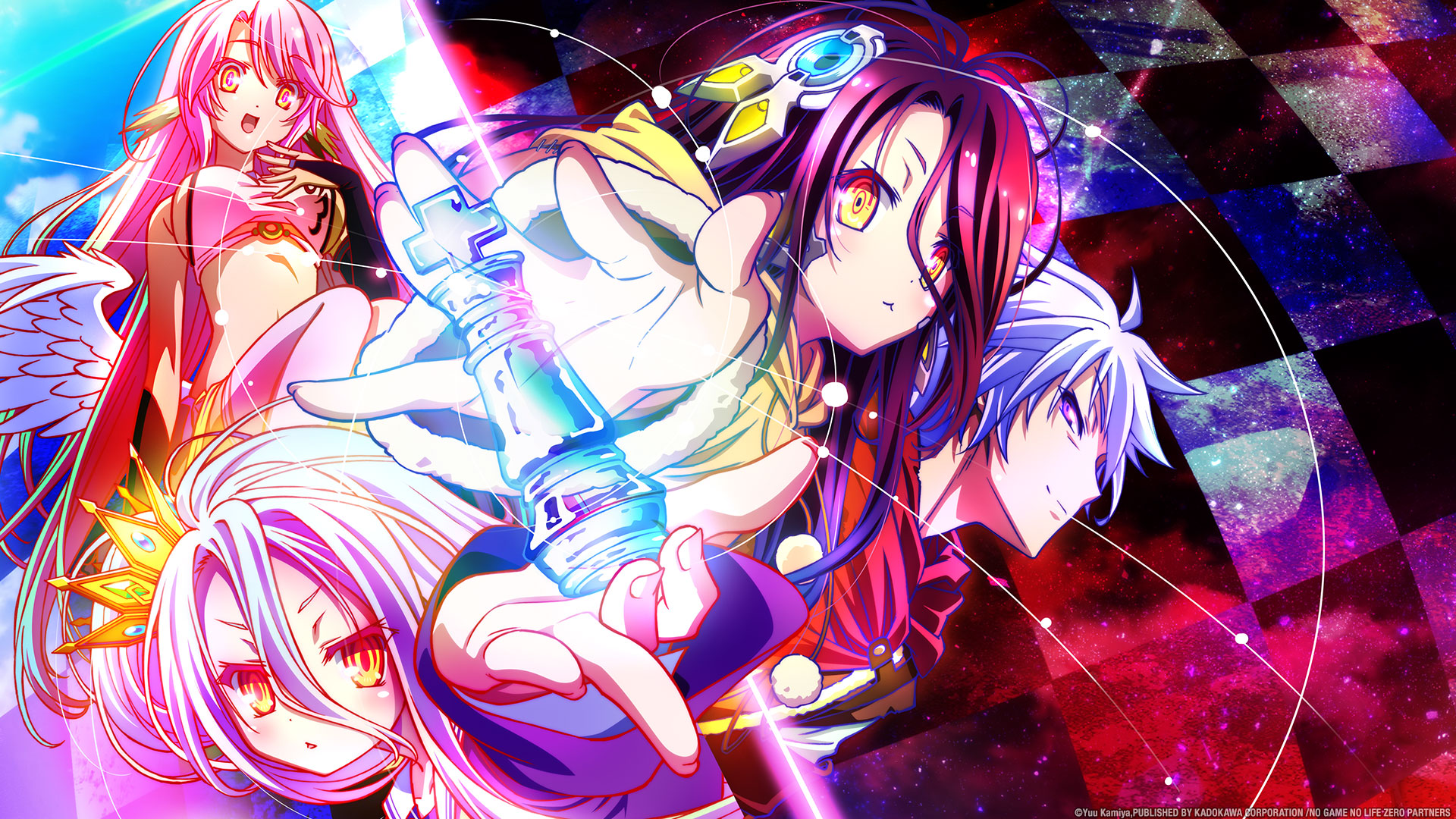 No Game No Life characters Shiro, Sora, Jibril and Izuna in a colorful promotional visual.