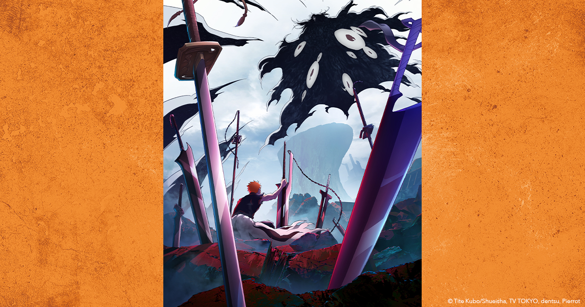 Ichigo Kurosaki runs through a battlefield filled with enormous swords beneath a dark, eye-covered figure in Bleach: Thousand-Year Blood War Part 4.
