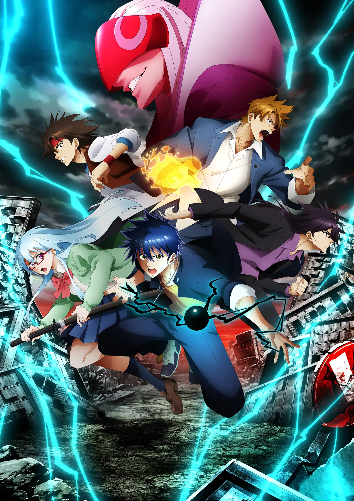 PSYREN anime key visual featuring Ageha Yoshina and other characters charging through a ruined city as blue psychic energy surrounds them, with a large masked figure looming in the background.