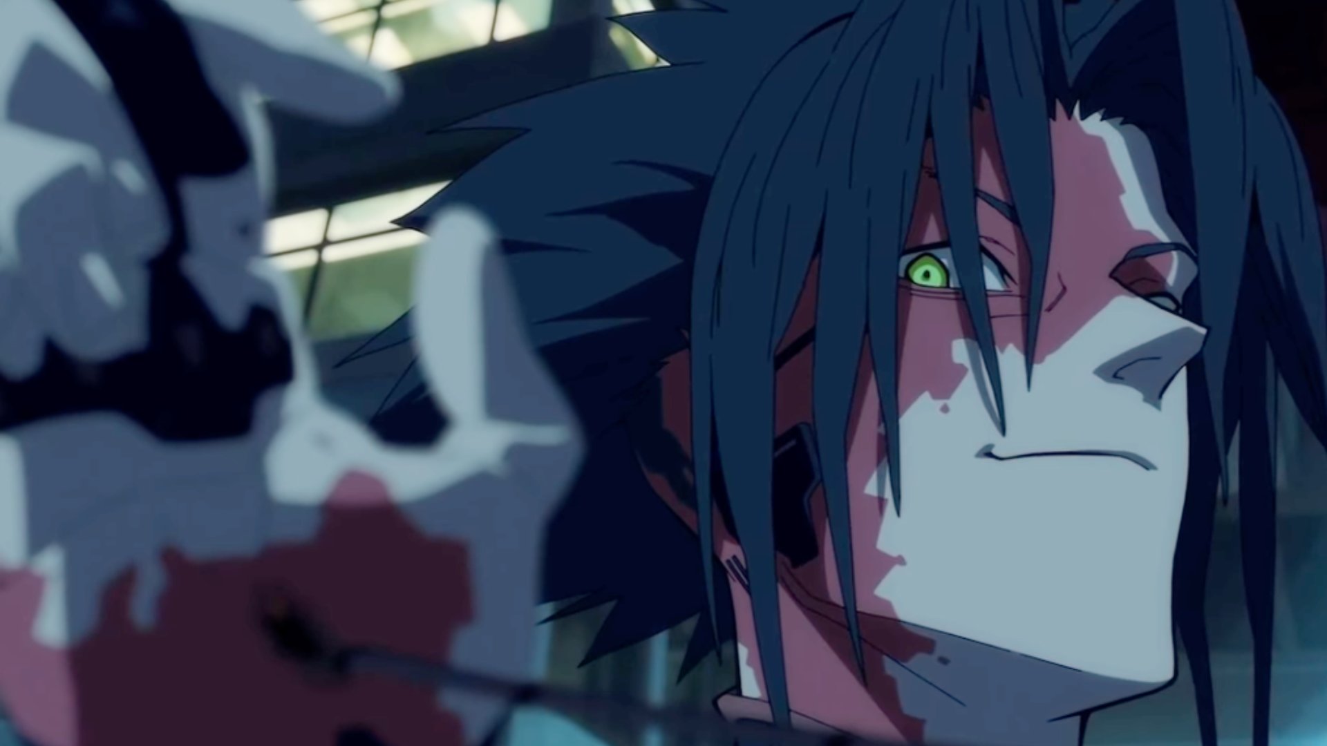 Bloodied anime character with a glowing green cybernetic eye in Cyberpunk: Edgerunners 2