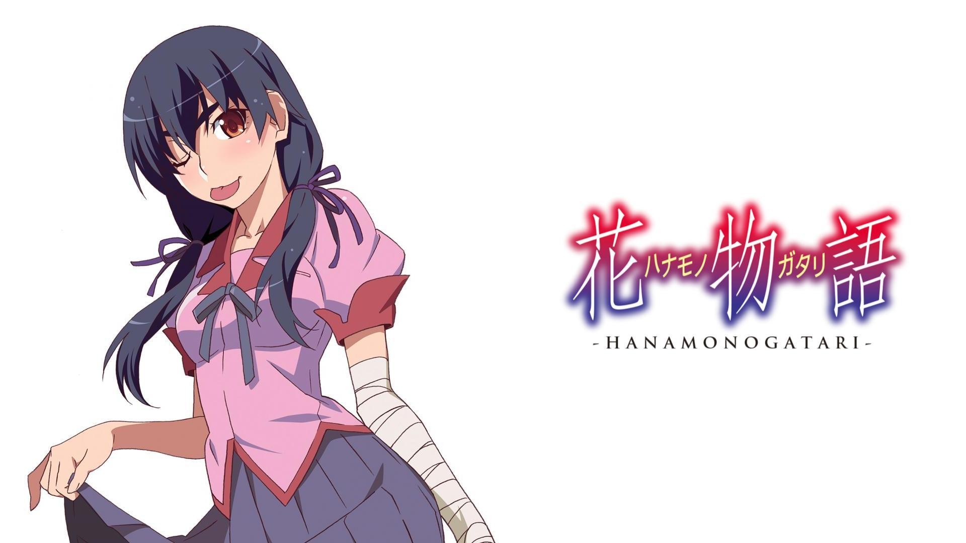 Suruga Kanbaru featured in the Hanamonogatari key visual, with the Hanamonogatari title displayed on a white background.