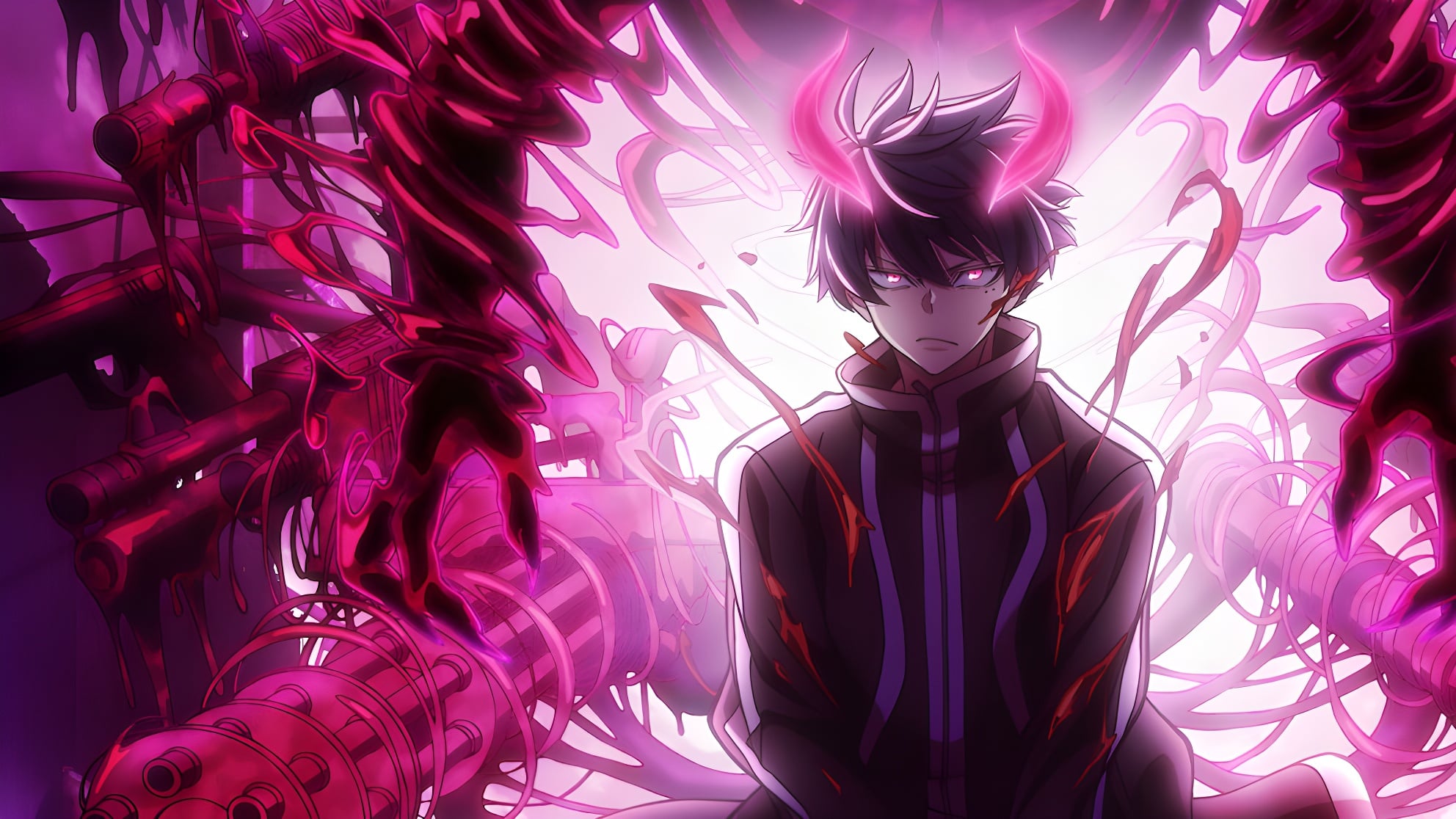 TOUGEN ANKI Nikko Kegon Falls Arc visual with a dark-haired character surrounded by pink supernatural energy.