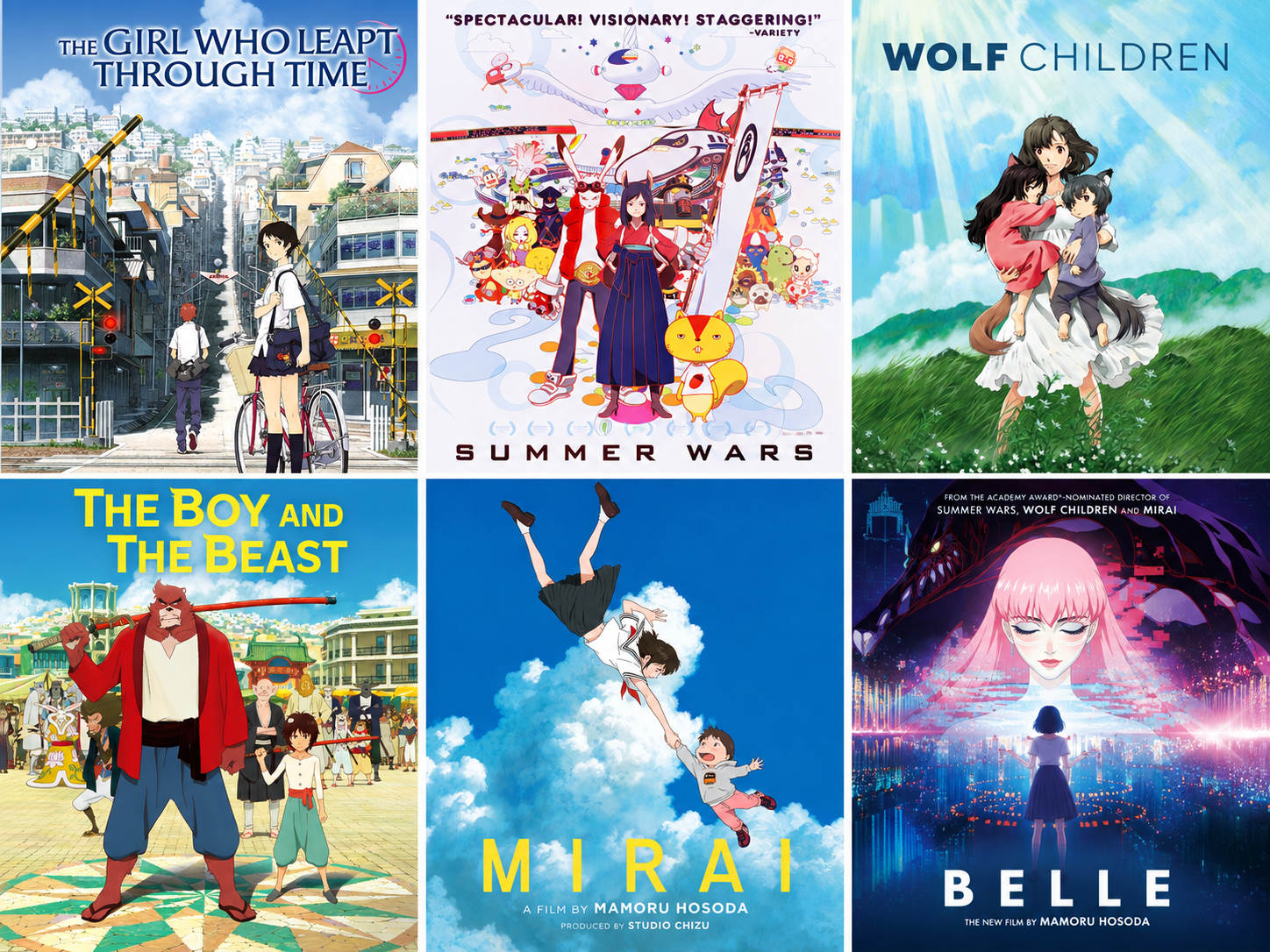 Promotional artwork from several Mamoru Hosoda films, including Summer Wars, Wolf Children, Belle and The Girl Who Leapt Through Time.