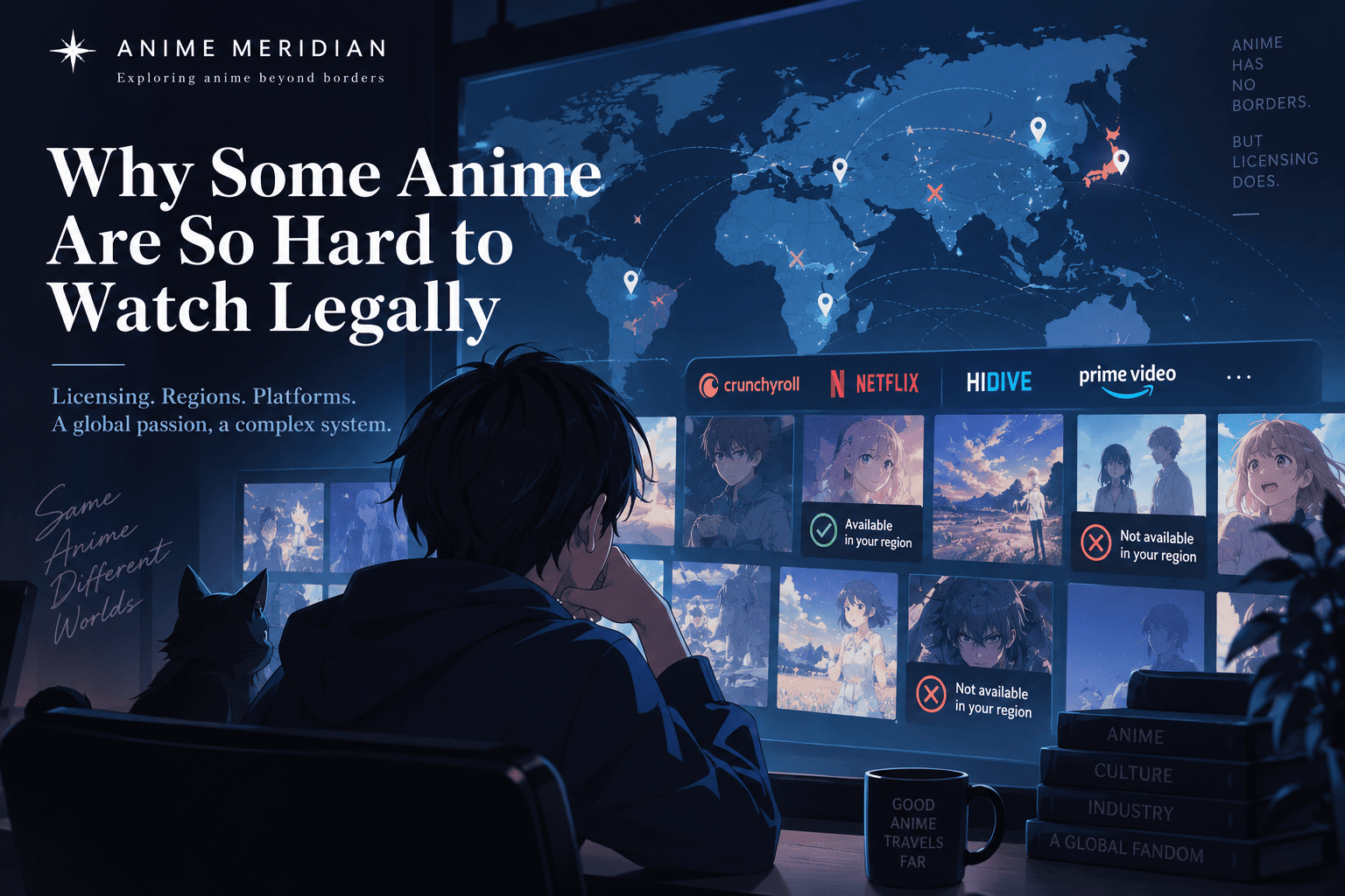 Illustration of streaming windows across different regions of a world map, representing regional anime availability.